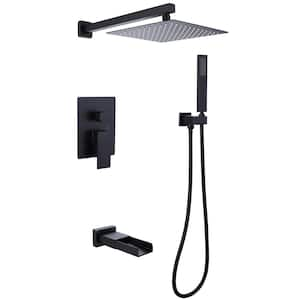 Waterfall Spout Single Handle 3-Spray Square High Pressure Tub and Shower Faucet in Matte Black (Valve Included)