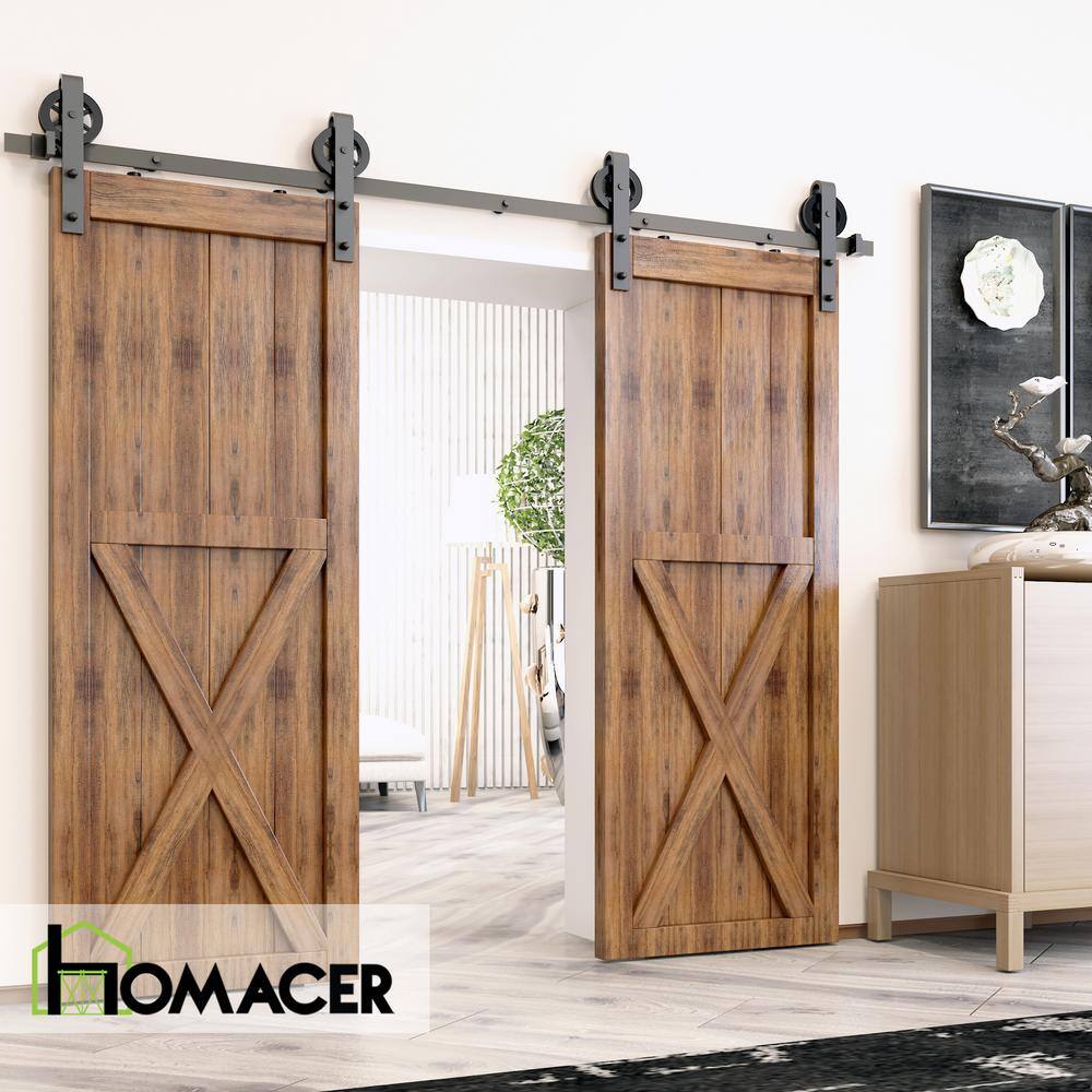 Rustic Black Double Sliding Barn Door Hardware Kit with Spoke Wheel Design