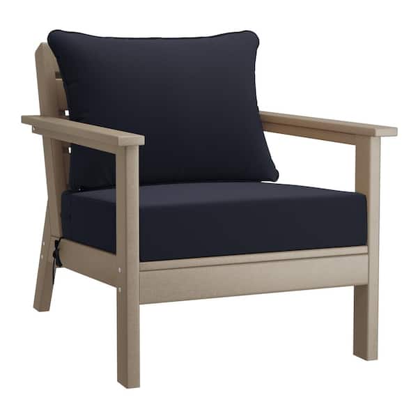 Westin Outdoor Birchwood Outdoor Patio Deep Seating HDPE Plastic Lounge Chair in Weathered Wood with Navy Blue Cushions