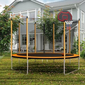 10 ft. Round Backyard Trampoline with Safety Enclosure, Basketball Hoop and Ladder in Orange