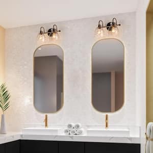 14.6 in. 2-Light Black and Brass Bell Bathroom Vanity Light with Clear Glass Shades