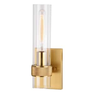 Bari 1-Light Satin Brass Contemporary Wall Sconce with Clear Cylinder Glass