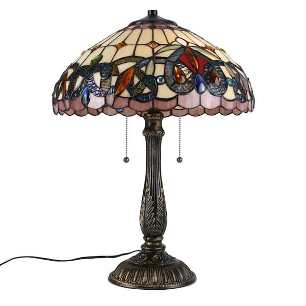 22.8 in. 2-Light Round Tiffany Bedside Lamp with Stained Glass