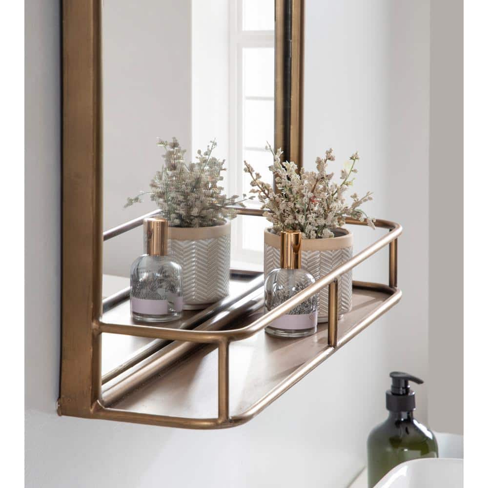Gold Arched Metal Wall Mirror with Shelf