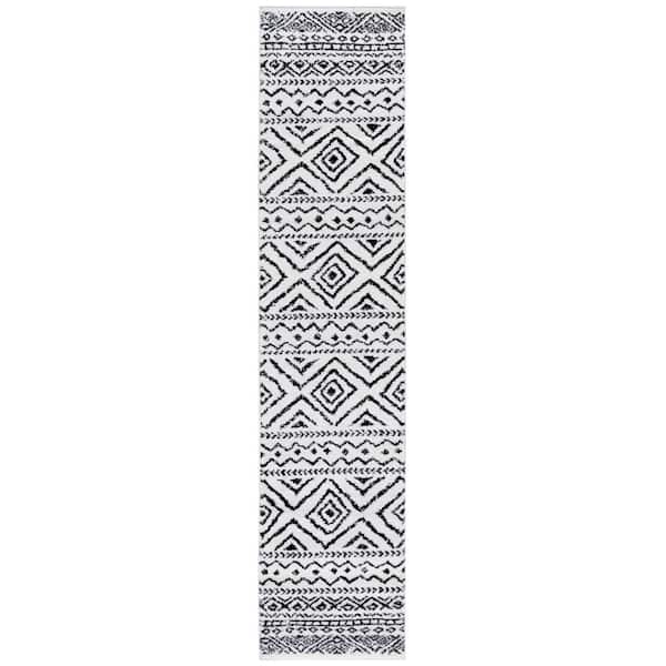 Tulum 2 ft. x 9 ft. Ivory/Black Striped Geometric Diamonds Runner Rug