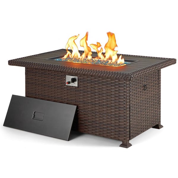 Unbranded 50 in. Brown Outdoor Wicker Propane Gas Fire Pit Table 50,000 BTU with Glass Beads, Cover, Auto-Ignition, CSA Approved