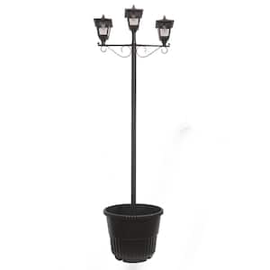 Triple Head Black Outdoor Solar Lamp Post Set with Round Planter