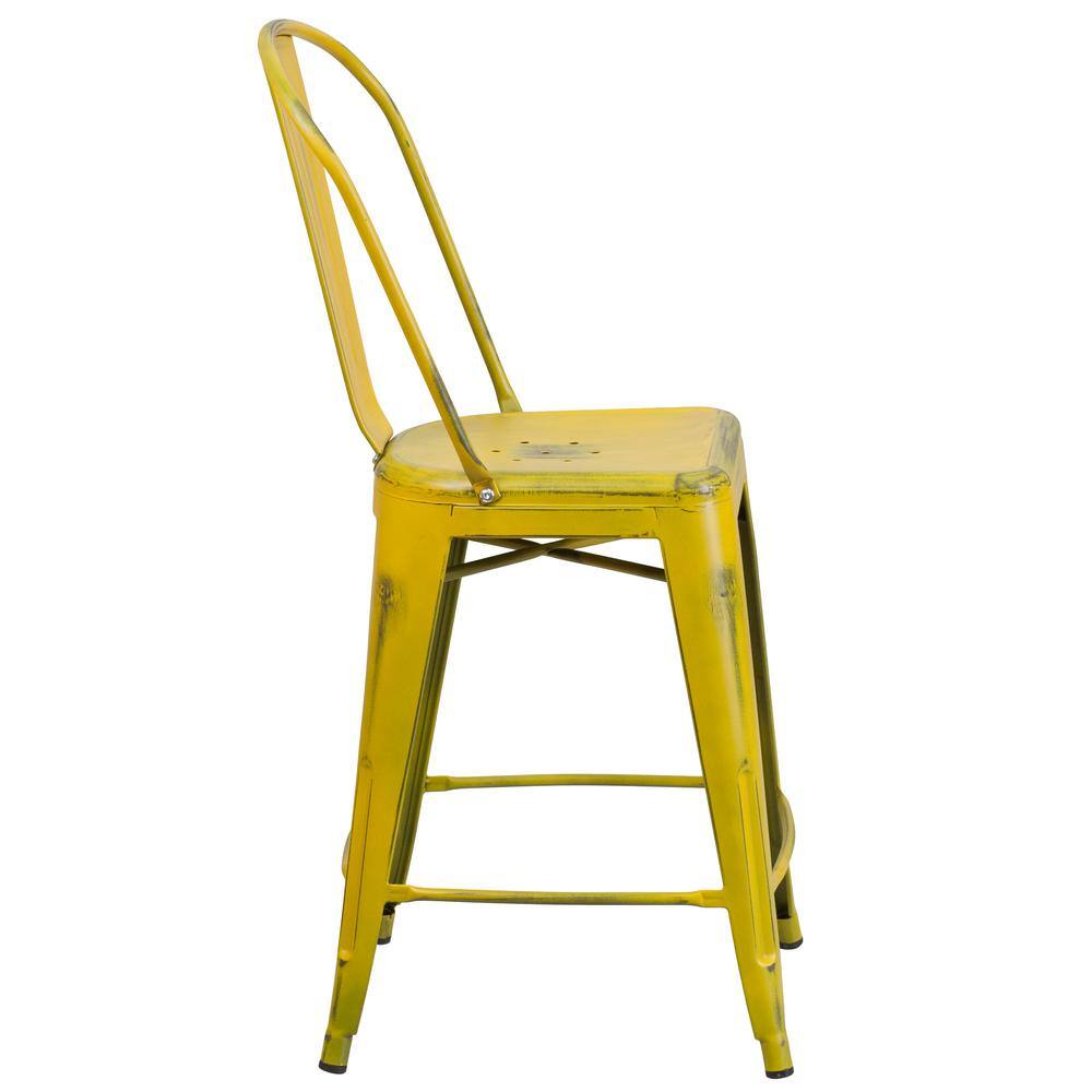 24" Yellow Distressed Metal Indoor-Outdoor Counter Stool