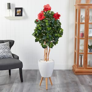 58 in. D Hibiscus Artificial Tree in White Planter with Stand