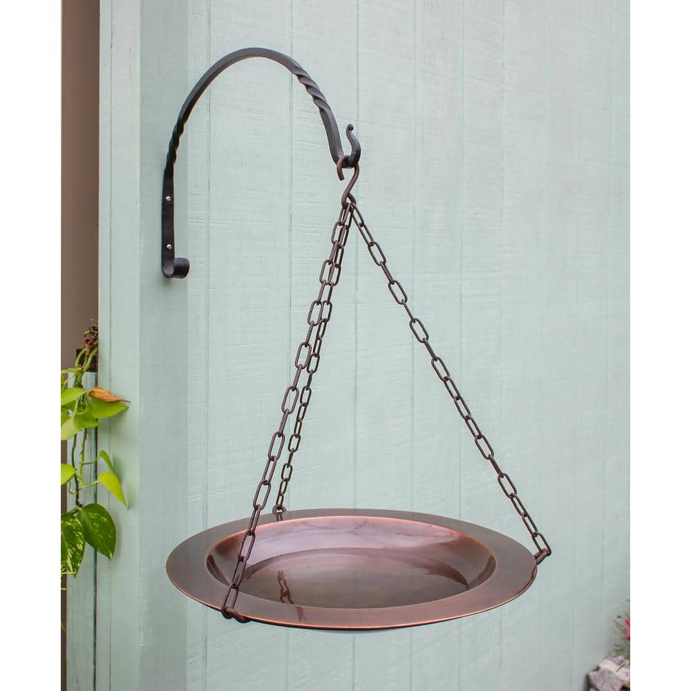 18" Antique Copper Hanging Birdbath with Wrought Iron Hanger