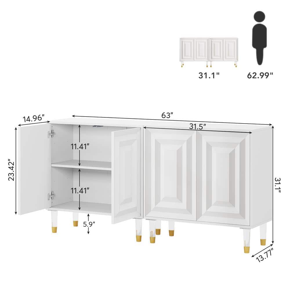 63" White High-Gloss Modern Sideboard Buffet with Acrylic Legs
