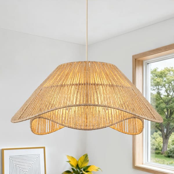 ZSMIHDOH 3-Light Gold and Brown Boho Hand-Woven Natural Rattan Pendant ...
