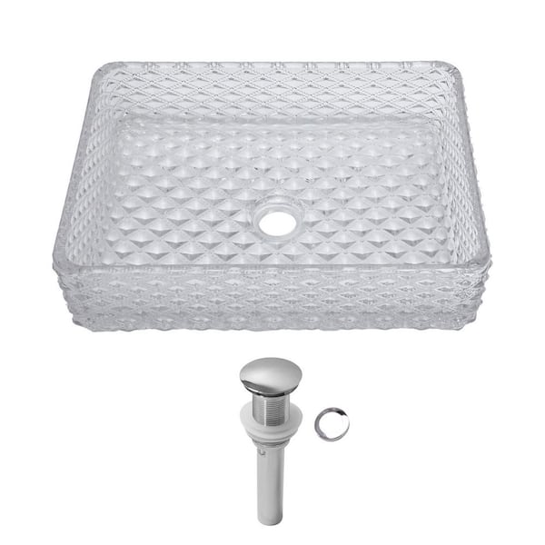 17-1/2 in. Clear Tempered Glass Rectangular Vessel Bathroom Sink with Chrome Drain