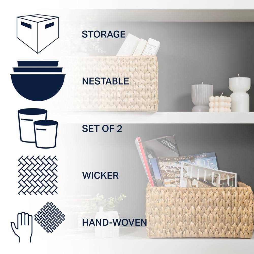 Natural Woven Hyacinth and Steel Square Storage Basket Set