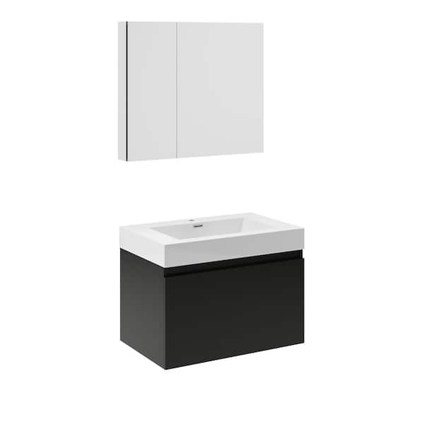 Fresca Mezzo 30 in. Vanity in Black with Acrylic Vanity Top in White with White Basin and Mirrored Medicine Cabinet