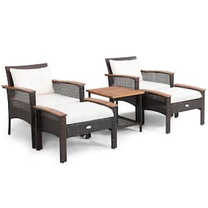5-Piece Patio Rattan Furniture Set Acacia Wood Table Armrest Cushion Yard in Off White