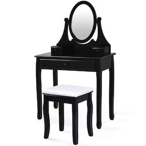 31.5 in. W x 16 in. D x 54 in. H Bedroom Wooden Mirrored Makeup Vanity Set Stool Table Set Black