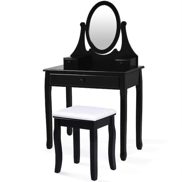 Gymax 31.5 in. W x 16 in. D x 54 in. H Bedroom Wooden Mirrored Makeup Vanity Set Stool Table Set Black