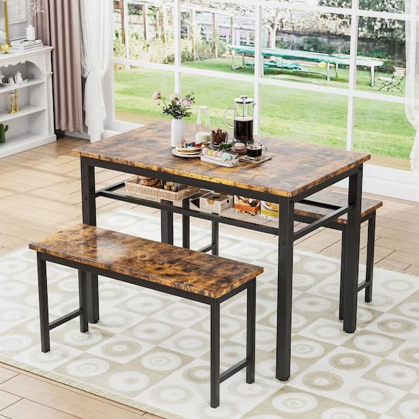 3-Piece Wood Outdoor Patio Dining Set Kitchen Table Set with Partitions