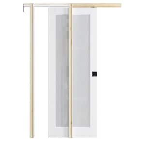 32 in. x 80 in. 1-Lite Glass White Primed MDF Pocket Door with Pocket Hardware Kit (Soft Close and Black Lock Included)