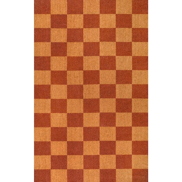 Porter Classic Farmhouse Checkered Coir Natural/Red 3 ft. x 5 ft. Indoor/Outdoor Area Rug