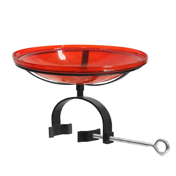 ACHLA DESIGNS 14 in. Dia Round Tomato Red Crackle Glass Birdbath with Black Wrought Iron Over Rail Bracket