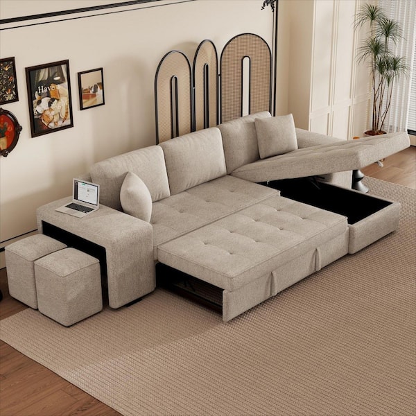 104.5 in. Square Arm Chenille Sectional Sofa with Storage Chaise and 2 Stools in. Cream