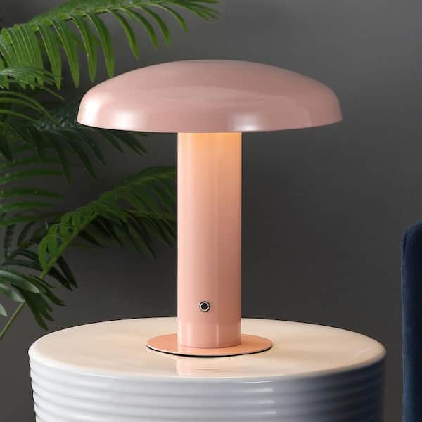 JONATHAN Y Suillius 11 in. Contemporary Bohemian Rechargeable/Cordless Iron Dimmable Integrated LED Mushroom Table Lamp, Pink