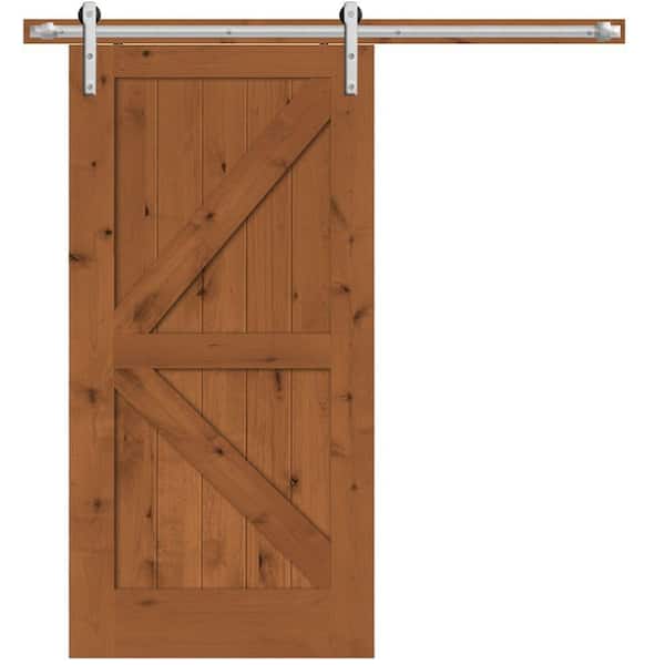 Steves & Sons 42 in. x 84 in. Rustic 2-Panel Stained Knotty Alder Interior Sliding Barn Door Slab with Hardware