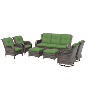 Brown 7-Piece Wicker Outdoor Patio Conversation Set Sectional Sofa with Green Cushions