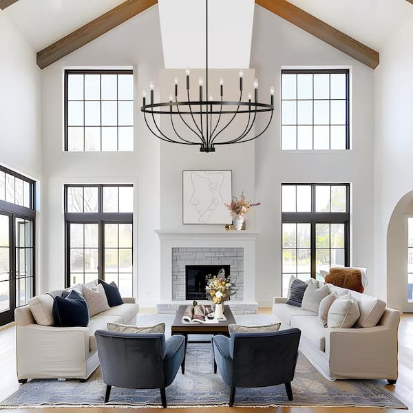 Transitional 47.2 in. 12-Light Black Wagon Wheel Candlestick Chandelier for Living Room, Foyer Pendant, LED Compatible