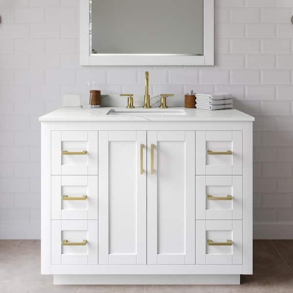 Wyndham Collection Miranda 42 in. W x 22 in. D x 33.75 in. H Single Bath Vanity in White with Giotto Quartz Top and 34 in. Mirror