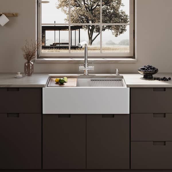 33 in. Farmhouse Single Bowl White Ceramic Kitchen Sink with Front Apron, Workstation, Bottom Grid and Strainer