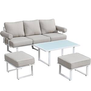 Teton Grand White 4-Piece Aluminum Outdoor Patio Conversation Sofa Set with Beige Cushions