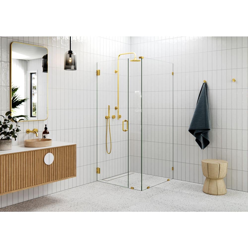 78" Frameless Clear Glass Shower Enclosure with Satin Brass Finish