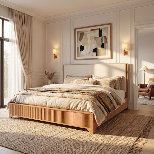 Willa Modern Natural and White Wood Frame Queen Size Platform Bed with Upholstered Headboard