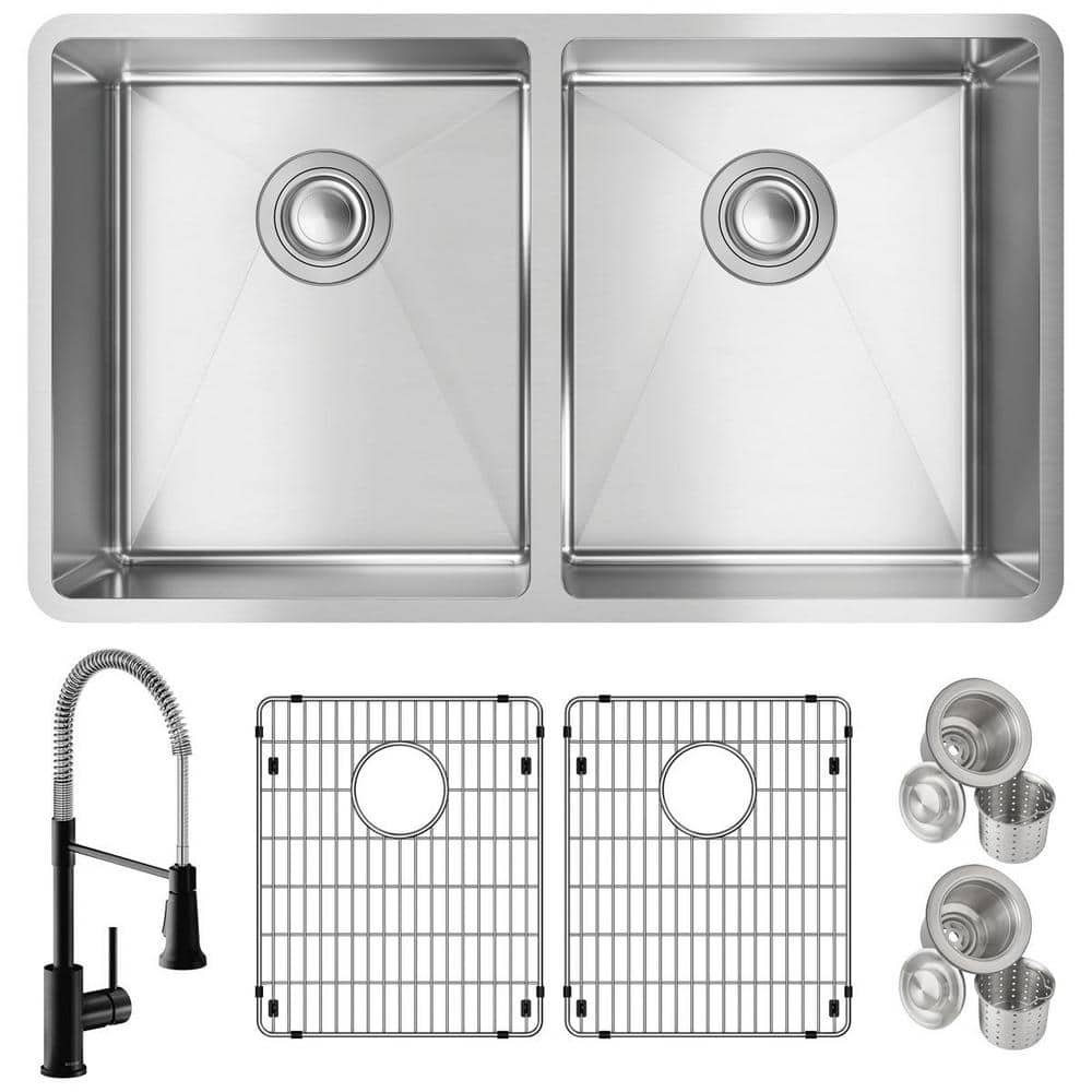 Elkay Crosstown 18-Gauge Stainless Steel 31.5 in. Equal Double Bowl Undermount Kitchen Sink with Faucet Bottom Grids and Drain, Polished Satin -  ECTRU31179TFMBC