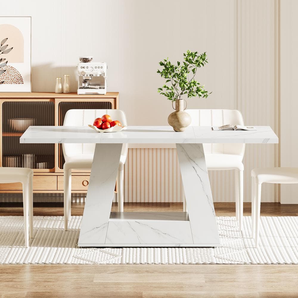 White Faux Marble Rectangular Dining Table with Trapezoidal Base
