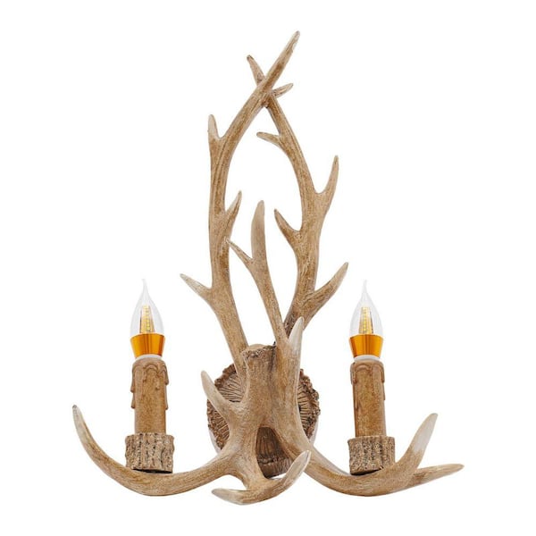 OUKANING 2-Light Brown Resin Antlers Retro Style Wall Sconce