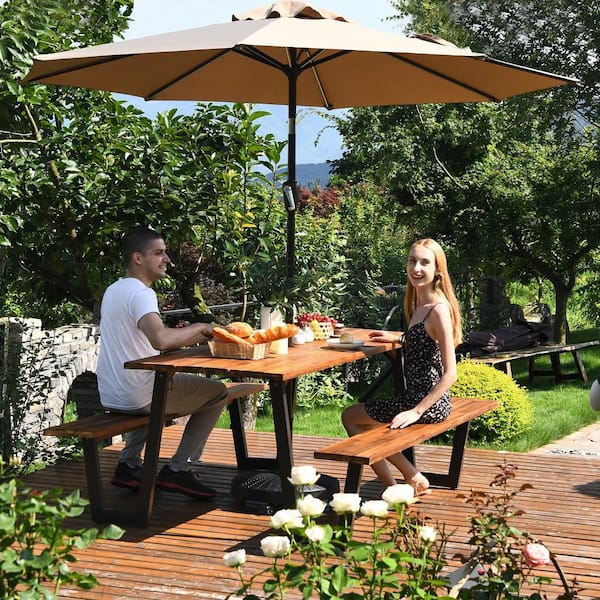 Natural Wood Outdoor Picnic Table Bench Set Outdoor Dining Table Set with 2 in. Umbrella Hole and Metal Frame Patented