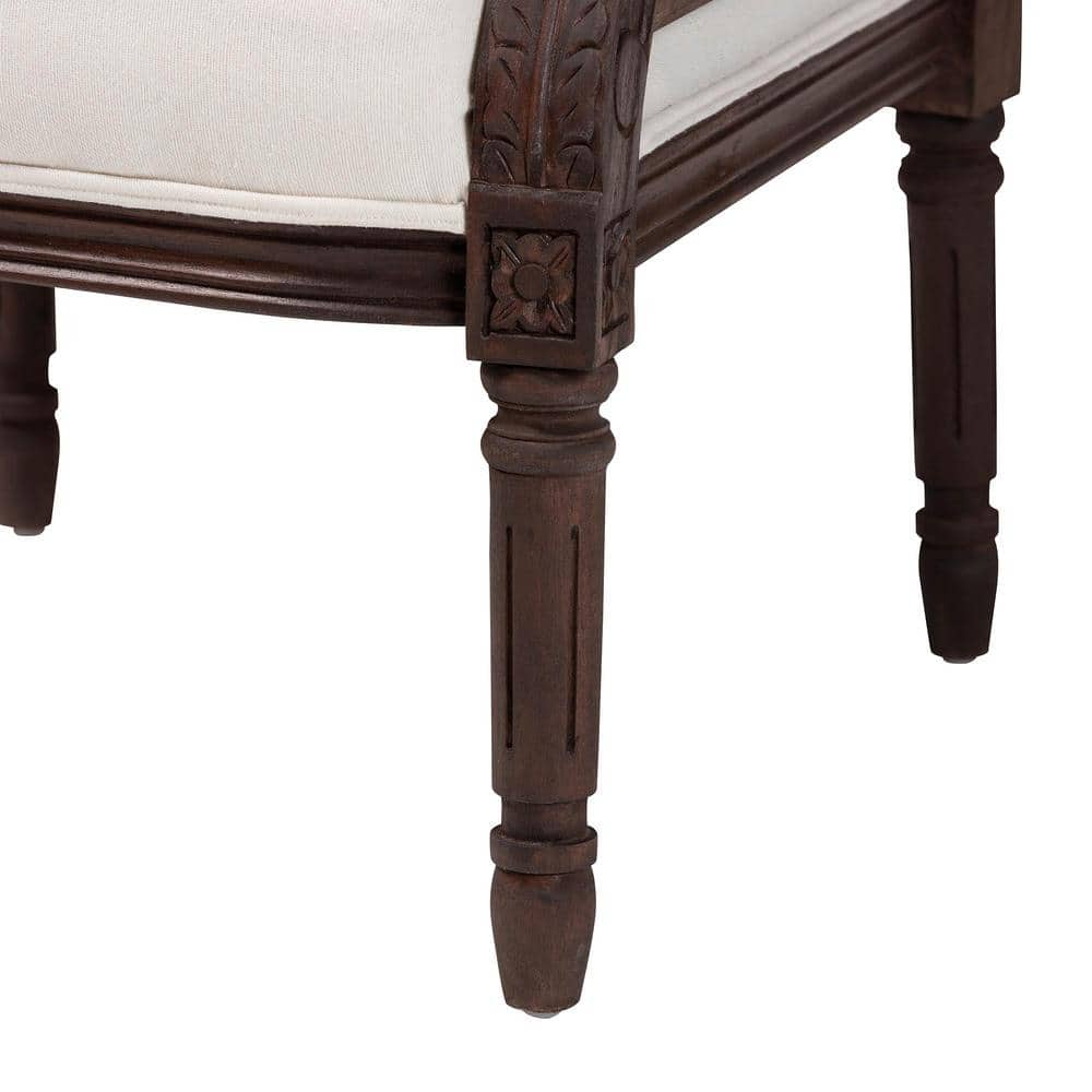 French Provincial Dark Brown Wood and Beige Fabric Accent Chair