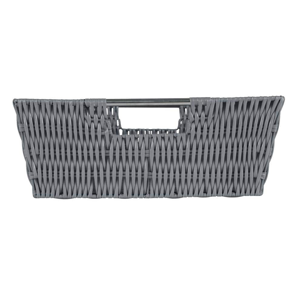 Charcoal Gray Rectangular Rattan Storage Basket with Metal Handles