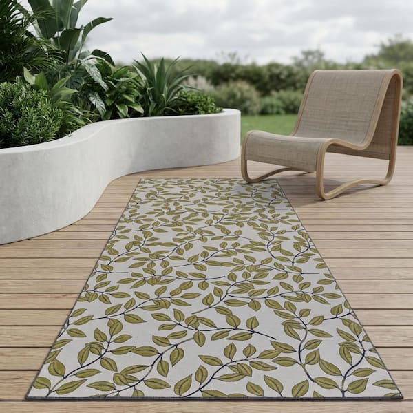 Dolce Summer Ivy Ivory-Olive 2 ft. x 8 ft. Transitional Flatwoven Floral Polypropylene Runner Indoor/Outdoor Area Rug