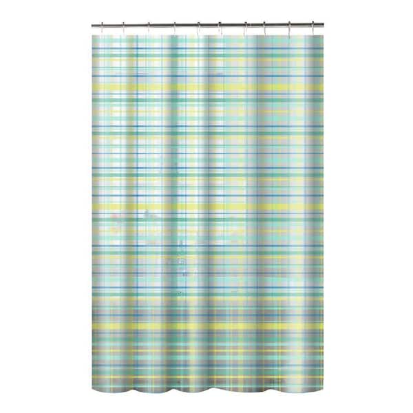 Creative Home Ideas Printed PEVA Plaid 70 in. W x 72 in. L Shower Curtain with Metal Roller Hooks in Green