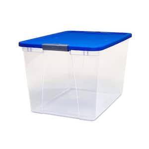 64 Qt. Secure Latch Large Storage Tote with Blue Lid in Clear (6-Pack)