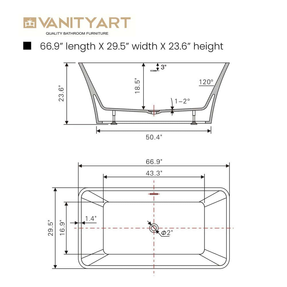 White and Titanium Gold 67'' Freestanding Acrylic Bathtub