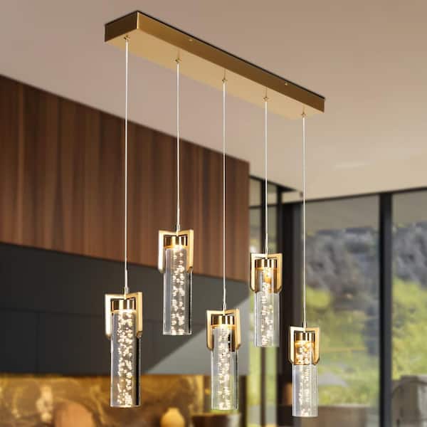 Modern 5-Light Imitation Brass Kitchen Island Pendant Light Integrated LED Light with Acrylic Cylinder Bubble Shade