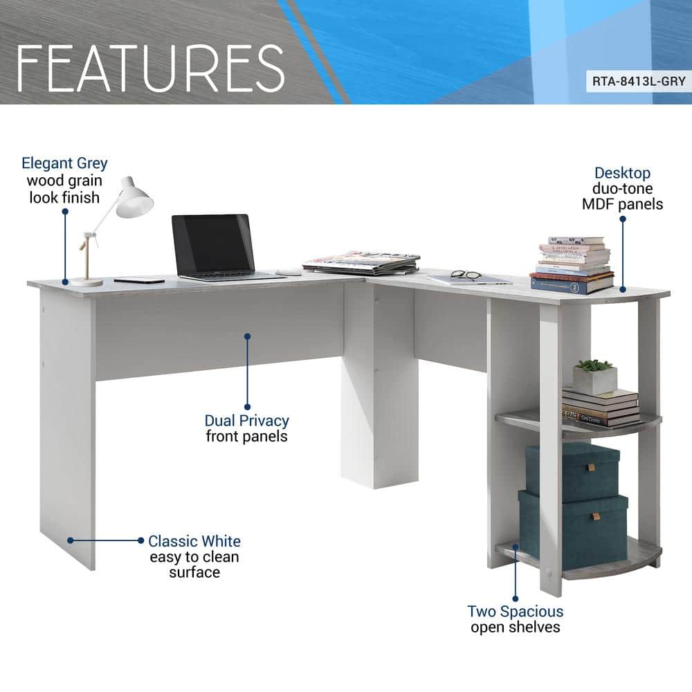 Modern Gray L-Shaped Home Office Desk with Side Storage Shelves