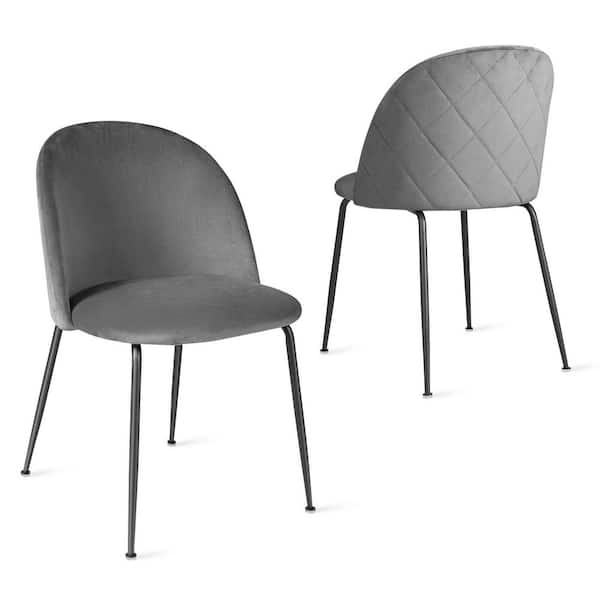 Gymax Grey Dining Chair Set of 2 Upholstered Velvet Chair Set with Metal Base for Living Room