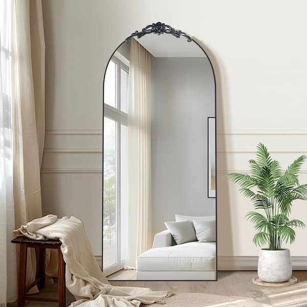 Dovelina 70.8 in. H x 31 in. W Arched Wood Framed Black Removable Carved Flower Standing Mirror Full Length Floor Mirror